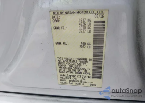 2016 Nissan Altima 2.5/2.5 S/2.5 Sl/2.5 Sr/2.5 Sv из США, поврежденный, VIN 1N4AL3AP3GC227898